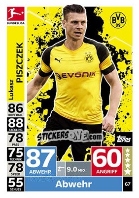 Sticker Lukasz Piszczek - German Fussball Bundesliga 2018-2019. Match Attax n. 67 - Topps