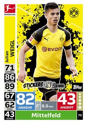 Sticker Julian Weigl - German Fussball Bundesliga 2018-2019. Match Attax n. 70 - Topps