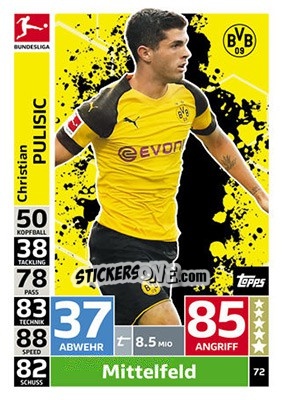 Sticker Christian Pulisic - German Fussball Bundesliga 2018-2019. Match Attax n. 72 - Topps