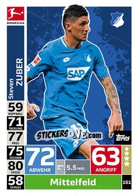 Sticker Steven Zuber - German Fussball Bundesliga 2018-2019. Match Attax n. 161 - Topps