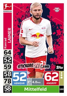 Sticker Konrad Laimer - German Fussball Bundesliga 2018-2019. Match Attax n. 180 - Topps