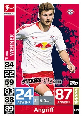 Sticker Timo Werner - German Fussball Bundesliga 2018-2019. Match Attax n. 184 - Topps