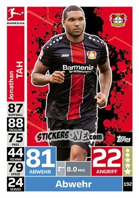 Sticker Jonathan Tah - German Fussball Bundesliga 2018-2019. Match Attax n. 192 - Topps