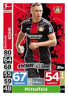 Sticker Dominik Kohr - German Fussball Bundesliga 2018-2019. Match Attax n. 196 - Topps