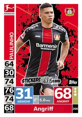 Sticker Paulinho - German Fussball Bundesliga 2018-2019. Match Attax n. 200 - Topps