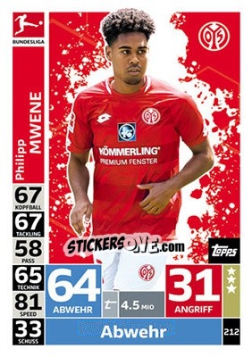 Cromo Philipp Mwene - German Fussball Bundesliga 2018-2019. Match Attax - Topps