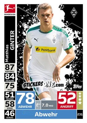 Sticker Matthias Ginter - German Fussball Bundesliga 2018-2019. Match Attax n. 231 - Topps