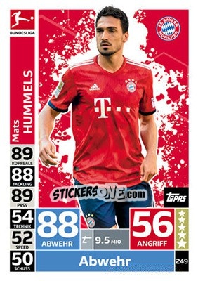Sticker Mats Hummels - German Fussball Bundesliga 2018-2019. Match Attax n. 249 - Topps