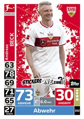 Sticker Andreas Beck - German Fussball Bundesliga 2018-2019. Match Attax n. 302 - Topps