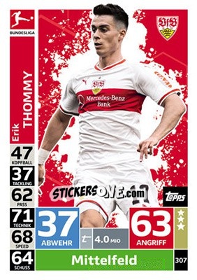 Sticker Erik Thommy - German Fussball Bundesliga 2018-2019. Match Attax n. 307 - Topps