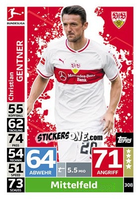 Sticker Christian Gentner - German Fussball Bundesliga 2018-2019. Match Attax n. 308 - Topps