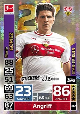 Sticker Mario Gomez - German Fussball Bundesliga 2018-2019. Match Attax n. 312 - Topps