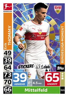 Sticker Erik Thommy - German Fussball Bundesliga 2018-2019. Match Attax n. 315 - Topps