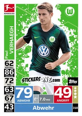 Sticker Paul Verhaegh - German Fussball Bundesliga 2018-2019. Match Attax - Topps