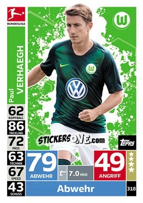 Sticker Paul Verhaegh - German Fussball Bundesliga 2018-2019. Match Attax n. 318 - Topps
