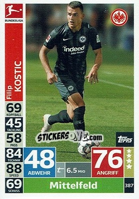 Sticker Filip Kostic - German Fussball Bundesliga 2018-2019. Match Attax n. 387 - Topps