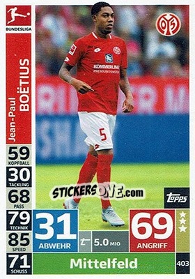 Sticker Jean-Paul Boetius - German Fussball Bundesliga 2018-2019. Match Attax - Topps