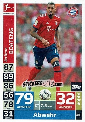 Sticker Jérôme Boateng - German Fussball Bundesliga 2018-2019. Match Attax n. 409 - Topps