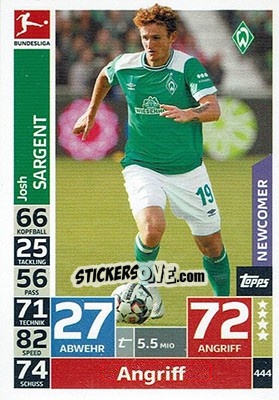 Sticker Josh Sargent - German Fussball Bundesliga 2018-2019. Match Attax n. 444 - Topps