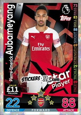 Sticker Pierre-Emerick Aubameyang - English Premier League 2018-2019. Match Attax n. 36 - Topps
