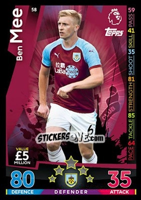 Cromo Ben Mee - English Premier League 2018-2019. Match Attax - Topps