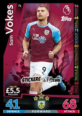 Sticker Sam Vokes - English Premier League 2018-2019. Match Attax - Topps