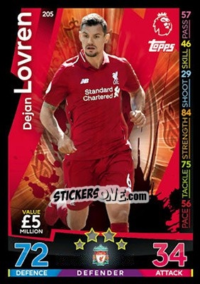 Sticker Dejan Lovren - English Premier League 2018-2019. Match Attax n. 205 - Topps