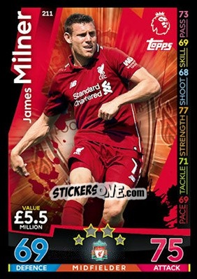 Sticker James Milner - English Premier League 2018-2019. Match Attax n. 211 - Topps