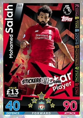 Sticker Mohamed Salah - English Premier League 2018-2019. Match Attax n. 215 - Topps