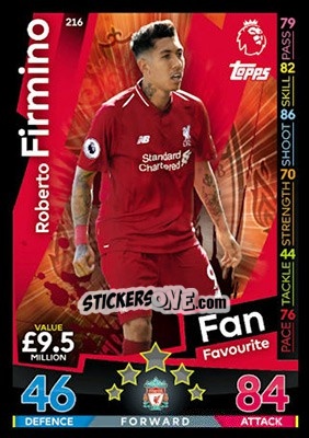 Sticker Roberto Firmino - English Premier League 2018-2019. Match Attax n. 216 - Topps