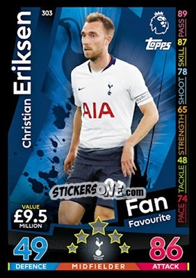Sticker Christian Eriksen - English Premier League 2018-2019. Match Attax n. 303 - Topps