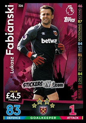 Sticker Lukasz Fabianski - English Premier League 2018-2019. Match Attax n. 326 - Topps