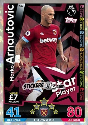 Sticker Marko Arnautovic - English Premier League 2018-2019. Match Attax n. 342 - Topps