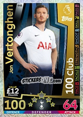 Sticker Jan Vertonghen - English Premier League 2018-2019. Match Attax n. 448 - Topps