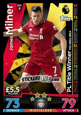 Sticker James Milner - English Premier League 2018-2019. Match Attax n. MT8 - Topps