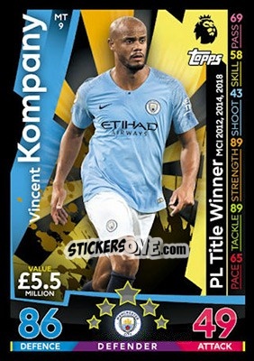 Sticker Vincent Kompany - English Premier League 2018-2019. Match Attax n. MT9 - Topps