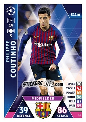 Sticker Philippe Coutinho - UEFA Champions League 2018-2019. Match Attax n. 13 - Topps
