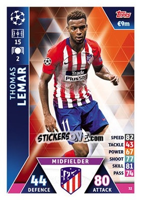 Sticker Thomas Lemar - UEFA Champions League 2018-2019. Match Attax n. 32 - Topps