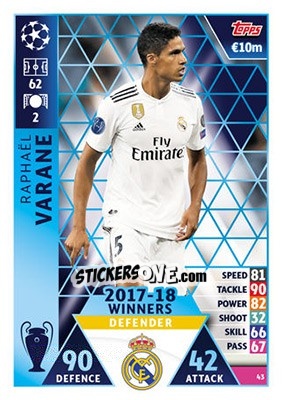 Sticker Raphaël Varane - UEFA Champions League 2018-2019. Match Attax n. 43 - Topps