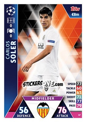 Sticker Carlos Soler - UEFA Champions League 2018-2019. Match Attax n. 67 - Topps