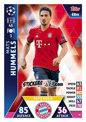 Sticker Mats Hummels - UEFA Champions League 2018-2019. Match Attax n. 77 - Topps