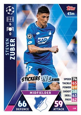 Sticker Steven Zuber - UEFA Champions League 2018-2019. Match Attax n. 118 - Topps