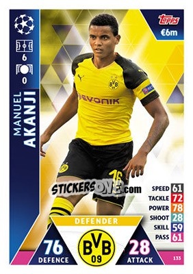Sticker Manuel Akanji - UEFA Champions League 2018-2019. Match Attax n. 133 - Topps