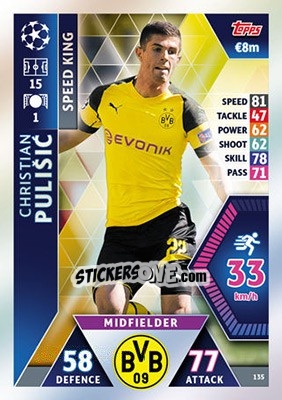 Sticker Christian Pulisic - UEFA Champions League 2018-2019. Match Attax n. 135 - Topps
