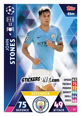 Sticker John Stones - UEFA Champions League 2018-2019. Match Attax n. 151 - Topps