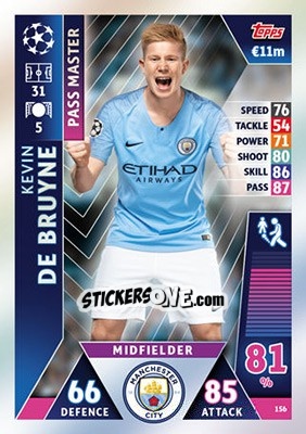 Sticker Kevin De Bruyne - UEFA Champions League 2018-2019. Match Attax n. 156 - Topps