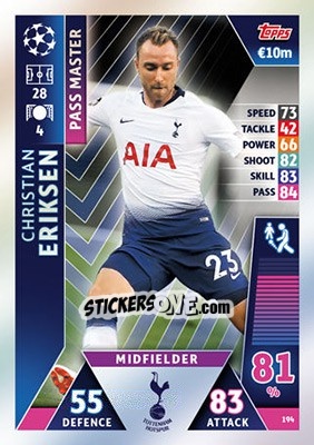 Sticker Christian Eriksen - UEFA Champions League 2018-2019. Match Attax n. 194 - Topps