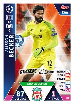 Sticker Alisson Becker - UEFA Champions League 2018-2019. Match Attax n. 200 - Topps