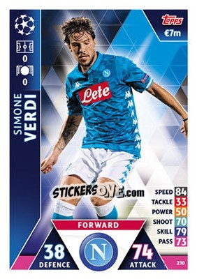 Sticker Simone Verdi - UEFA Champions League 2018-2019. Match Attax n. 230 - Topps