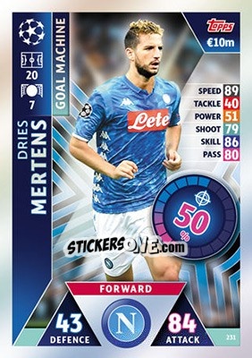 Sticker Dries Mertens - UEFA Champions League 2018-2019. Match Attax n. 231 - Topps